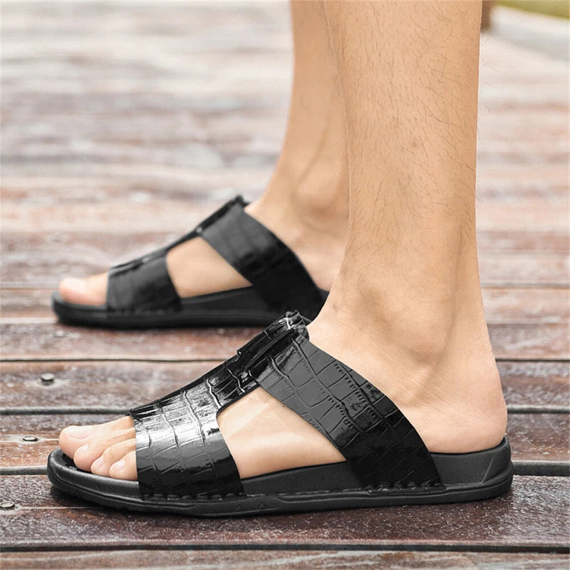 Men's Print Leather Flat Slides Sandals Outdoor Slip On Casual Flats Slippers