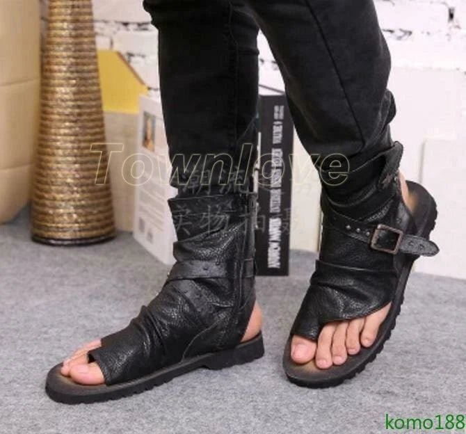 Men's Roman Sandals High Top leather  Flip Flop Gladiator Buckle Shoes Slingback