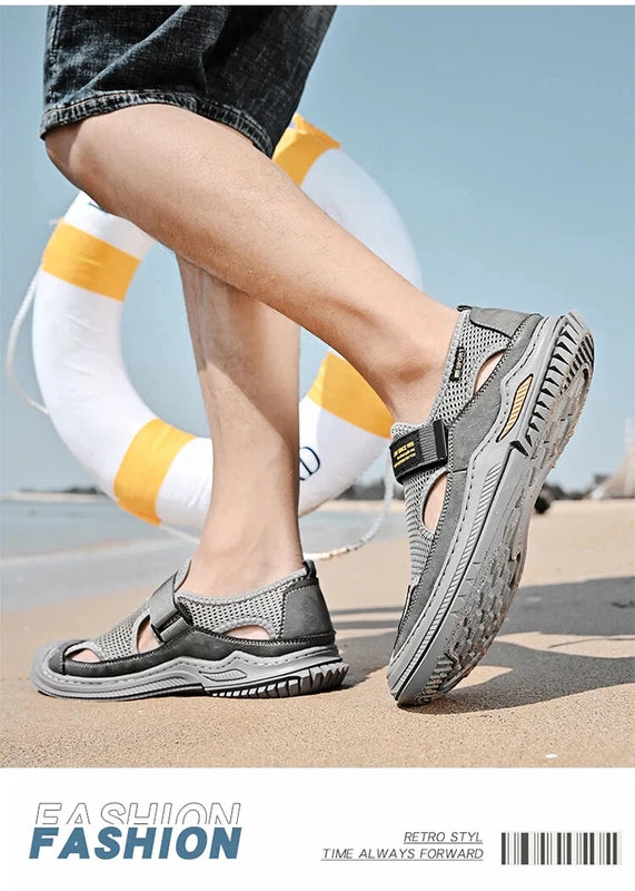 Men Sandals Summer Breathable Mesh Slip On Flats Outdoor Beach Casual Shoes