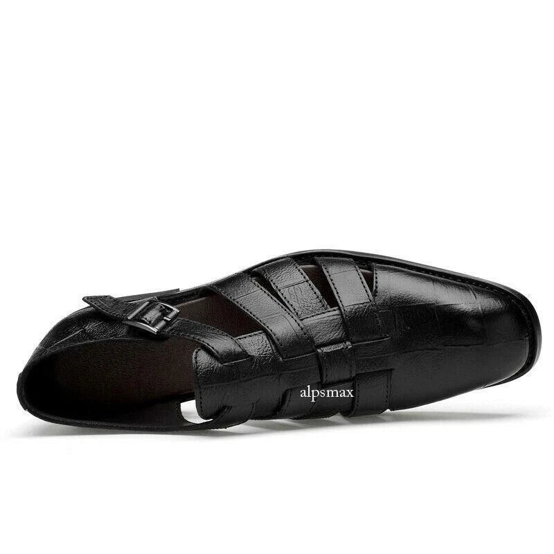Mens Dress Formal Sandals Shoes Hollow Cut Out Buckle Leather Flats Roman Shoes