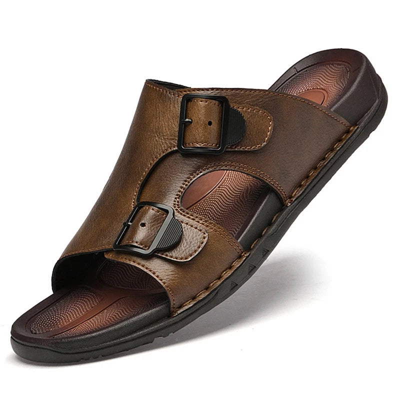 Men's Leather Slip On Beach Sandals Fashion Summer Outdoor Casual Slippers