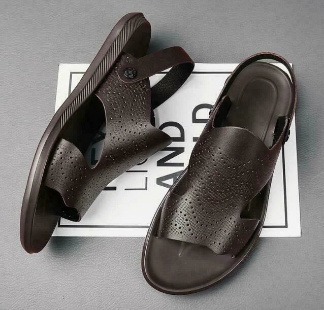 Men Summer Sandals Slippers Open Toe Slingbacks Cut Out Beach Leather Breathable