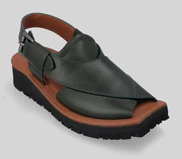 Handcrafted Men's Mustard Green Peshawari Chappal Pure Leather Men's Sandals Men