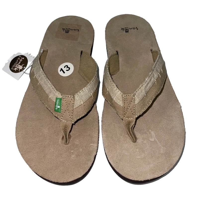Sanuk Flip Flops Mens Brown Suede Leather Canvas Comfort Slipper Sandals Dr Fray