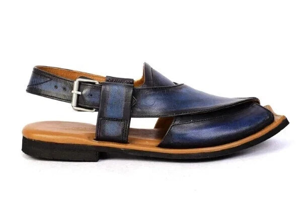 Custom Made Men's Sky Blue Color Leather Peshawari Chappal Pure Leather Sandals