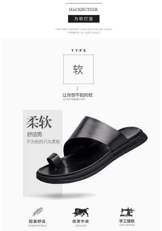Mens Summer Leather Flip Flops Clipped Toe Korean Non Slip Beach Casual Slippers
