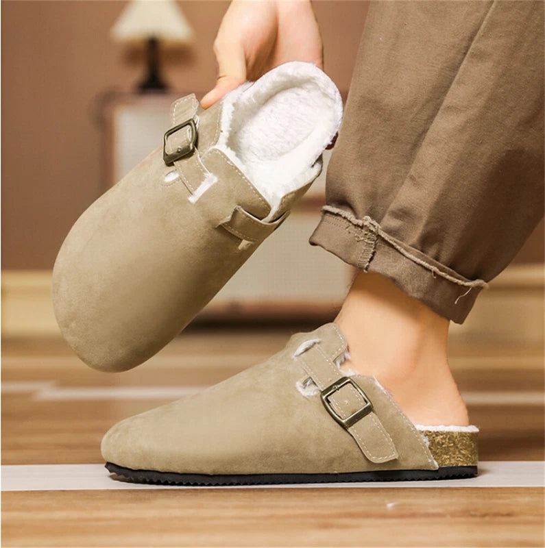 Men's Cork Clog Antislip Sole Warm Slippers Mules Sandals with Adjustable Buckle