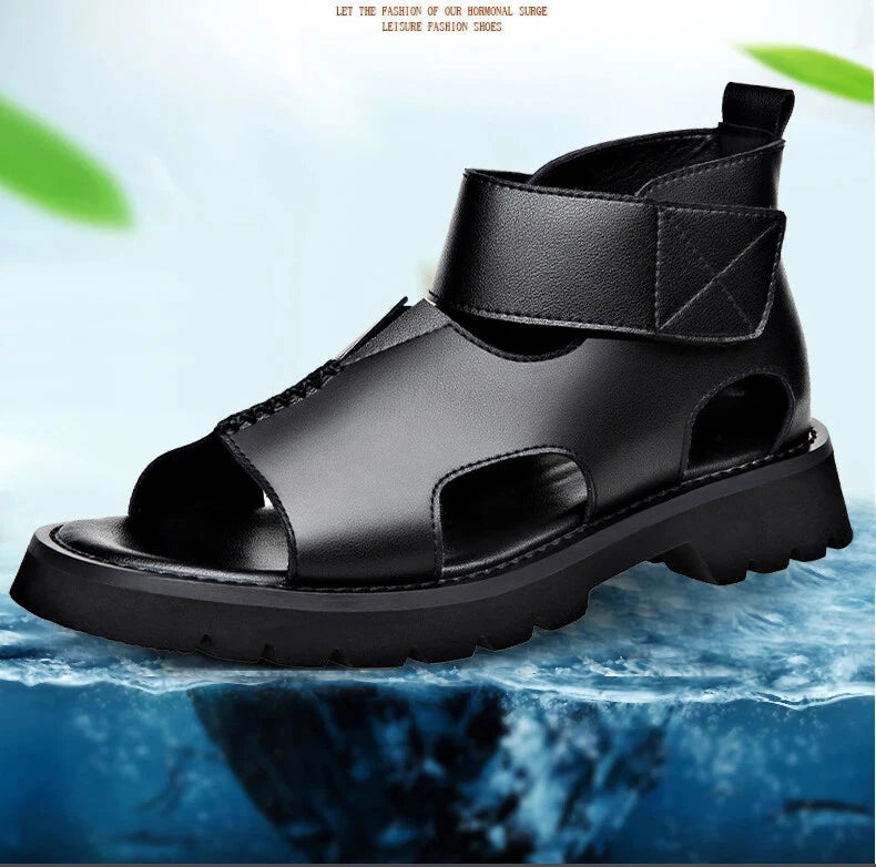 Men Leather Sandals Summer Breathable Roman Beach Shoes Light Soft Sole Slippers