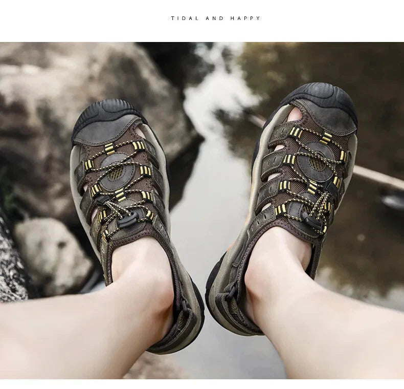 Men's Soft Leather Sandals Summer Lack Up Shoes Outdoor Comfort Beach Slippers