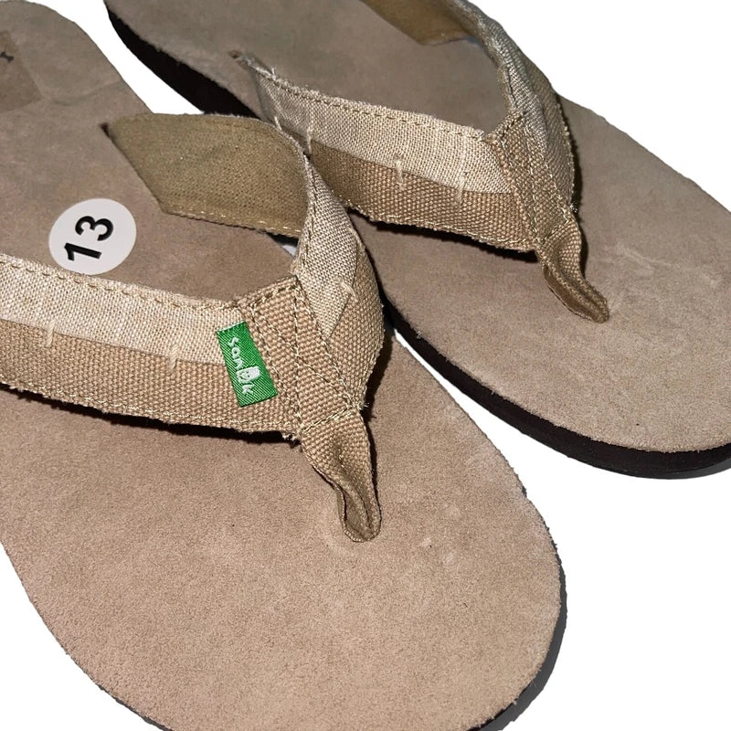 Sanuk Flip Flops Mens Brown Suede Leather Canvas Comfort Slipper Sandals Dr Fray