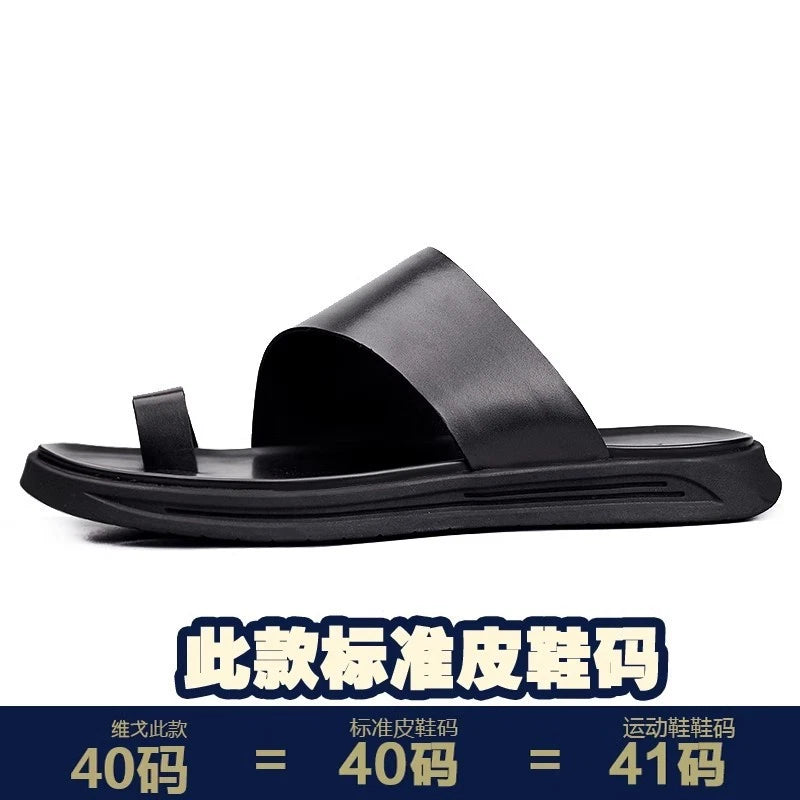 Mens Summer Leather Flip Flops Clipped Toe Korean Non Slip Beach Casual Slippers
