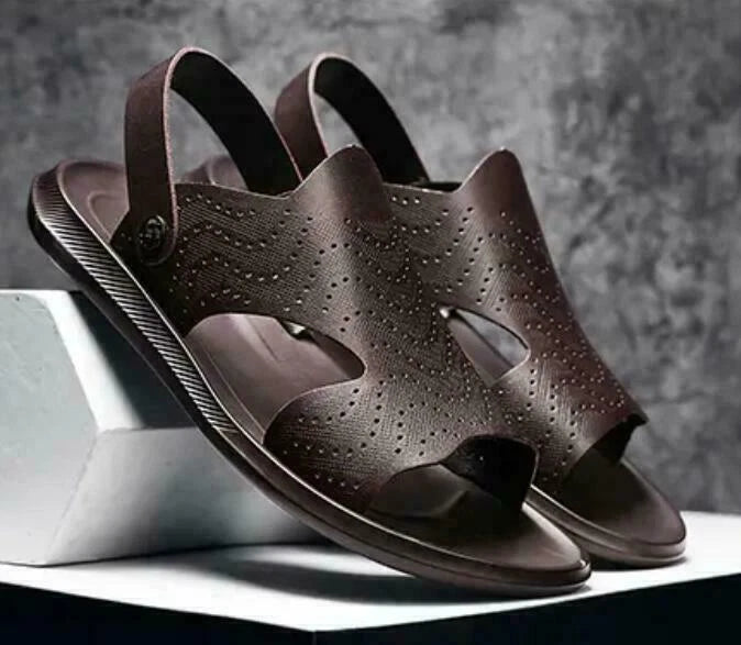 Men Summer Sandals Slippers Open Toe Slingbacks Cut Out Beach Leather Breathable