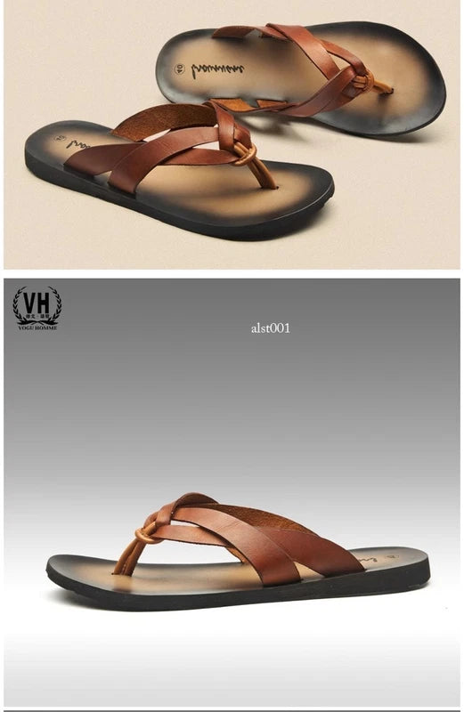 Summer Sandals New Men's Flip Flops Beach Shoes Leather Flats Casual Slippers Sz