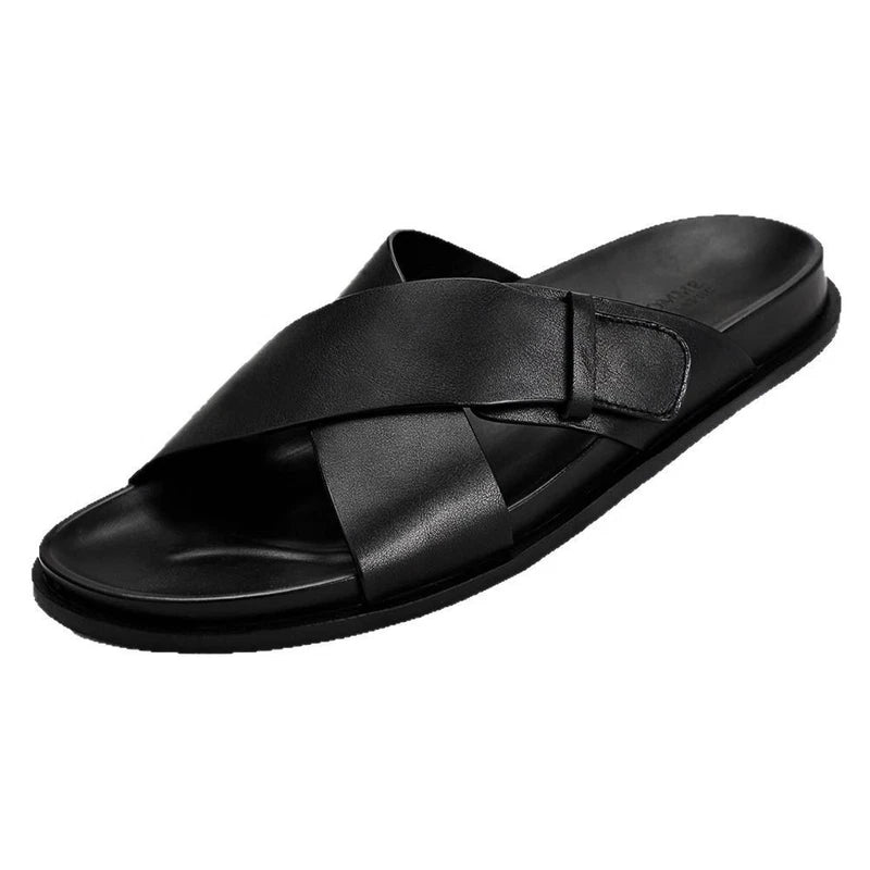 Roman Style Mens Open Toe Sandals Slippers Real Leather Flat Shoes Beach Outdoor