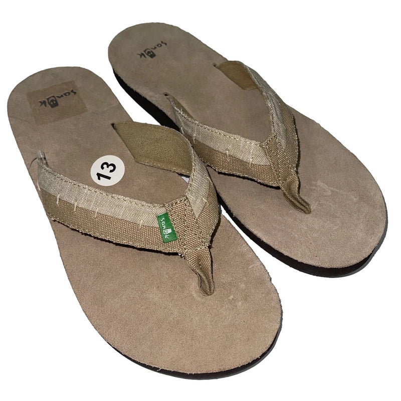 Sanuk Flip Flops Mens Brown Suede Leather Canvas Comfort Slipper Sandals Dr Fray