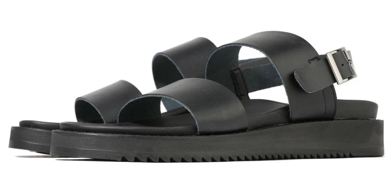 Firenze Atelier Mens Black Leather Open Toe Roman Sandals Fashion Beach Slippers