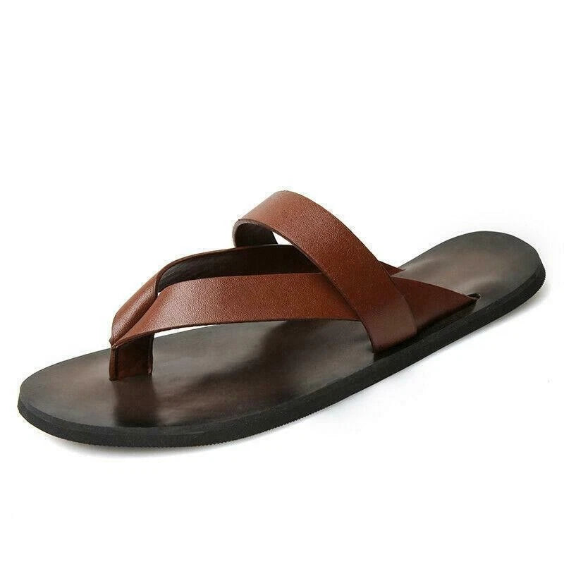 Mens Beach Outdoor Leather Sandals flip flops  Strap Shoes Anti-slip Slippers