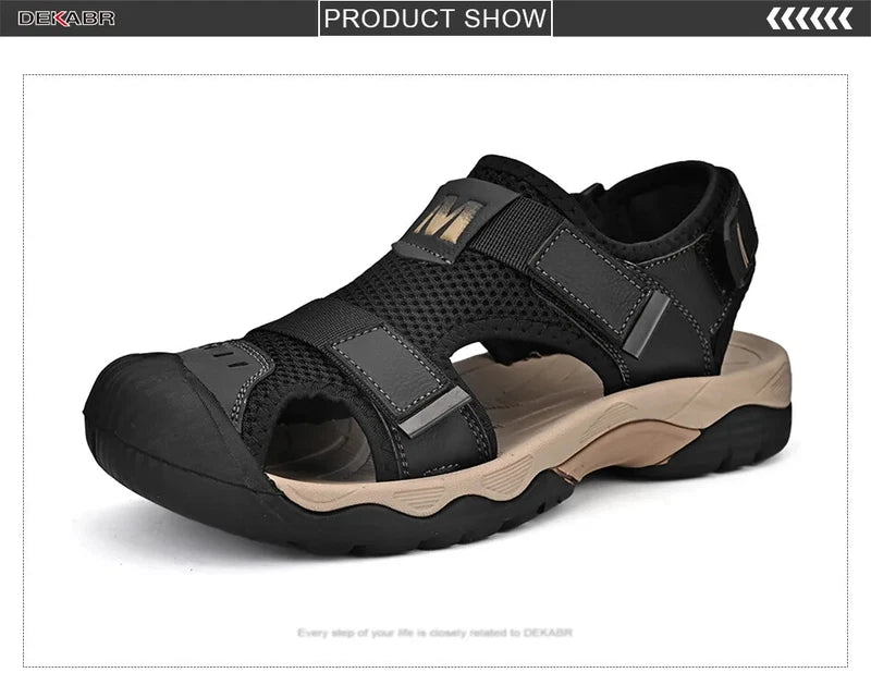 Fashion Casual Men Shoes Genuine Leather Mesh Beach Sandals Breathable Slippers