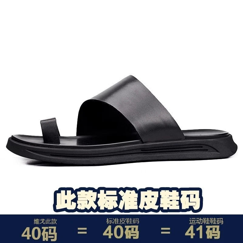Mens Summer Leather Flip Flops Clipped Toe Korean Non Slip Beach Casual Slippers