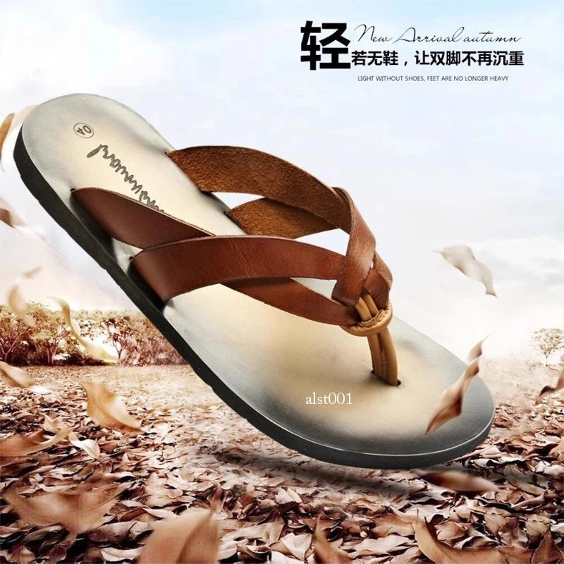 Summer Sandals New Men's Flip Flops Beach Shoes Leather Flats Casual Slippers Sz