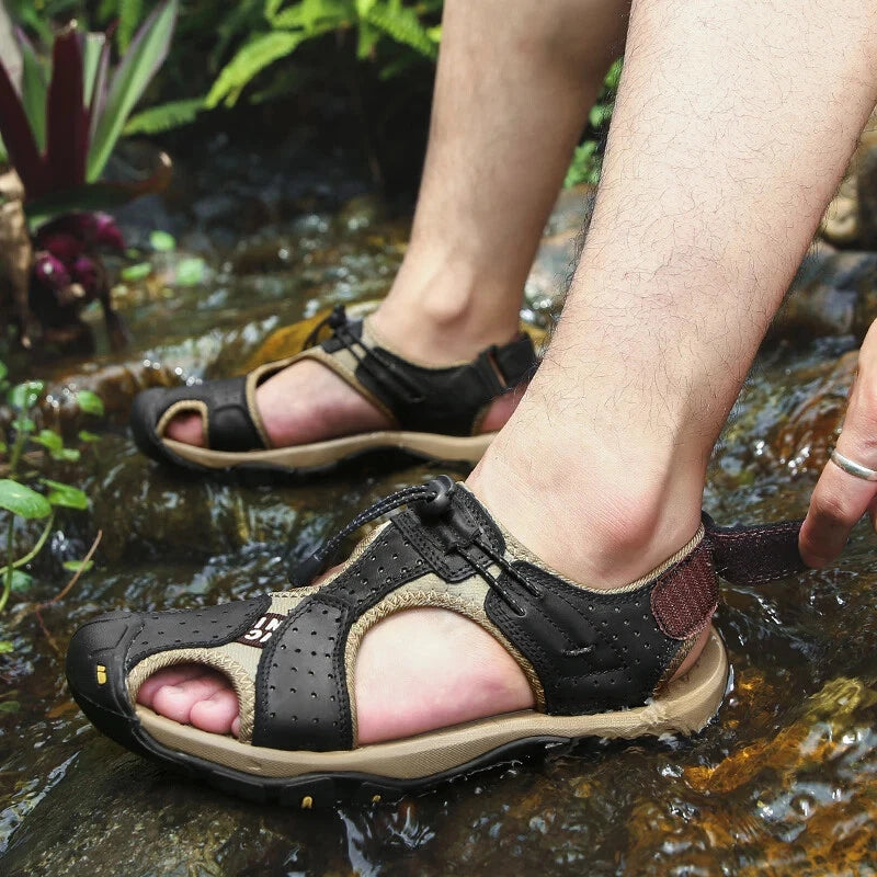 Summer Men's Leather Sandals Outdoor Beach Shoes Comfort Casual Lackk Up Slipper