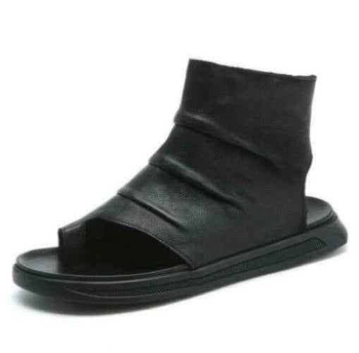 Men's Fashion Summer Roman Walking Leather Side Zip Flat Slippers Sandals Shoes