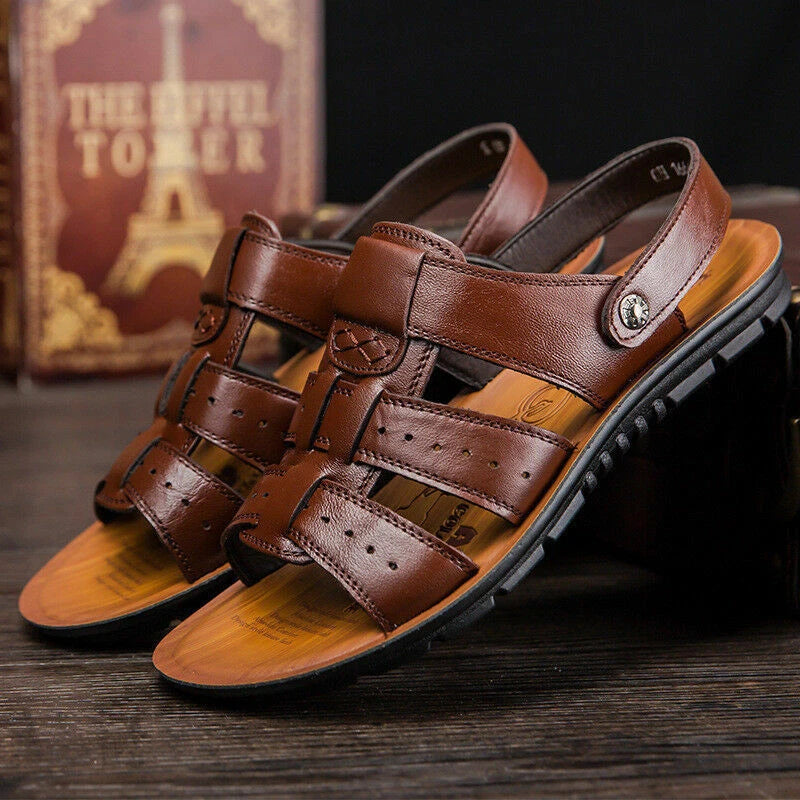 New Men Sandals Leather Shoes Open Toe Flats Slip On Beach Fisherman Shoes