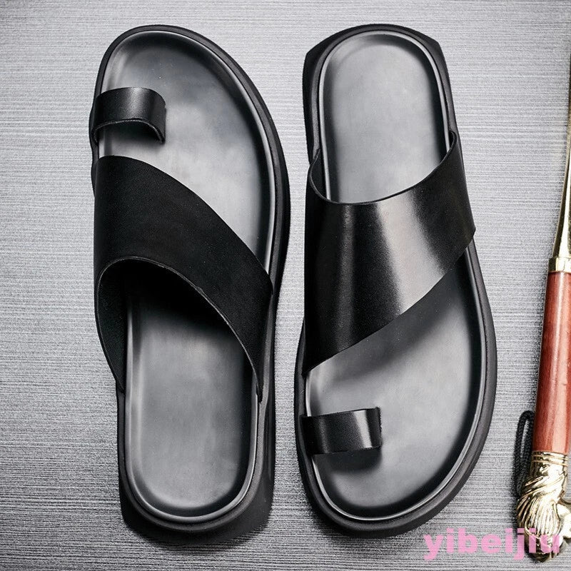 Beach Men's Summer Slides Clip Ring Toe Moccasins Sandals Leather Flats Slippers