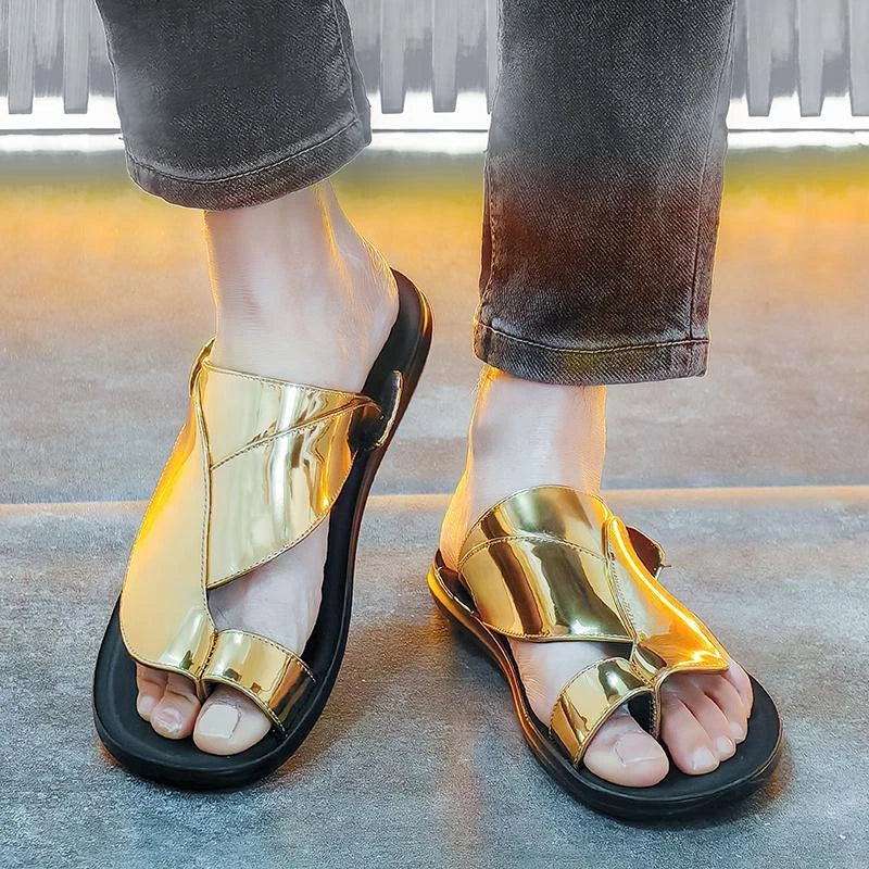 Roman Men's Flats Sandals Open Toe Fashion Summer Gold Slippers Beach Shoes Hot