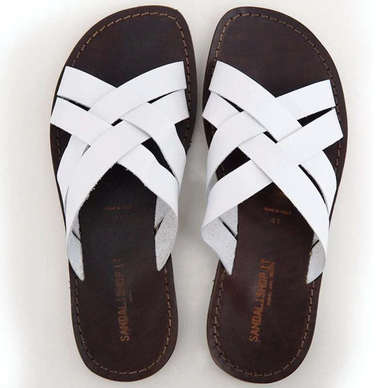Made in Italy Men's Leather and Handmade Leather Slippers White for the Sea