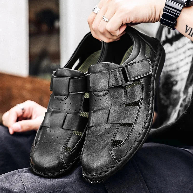Men Leather Loafers Breathable Soft Sandals Handmade Non Slip Beach Slippers