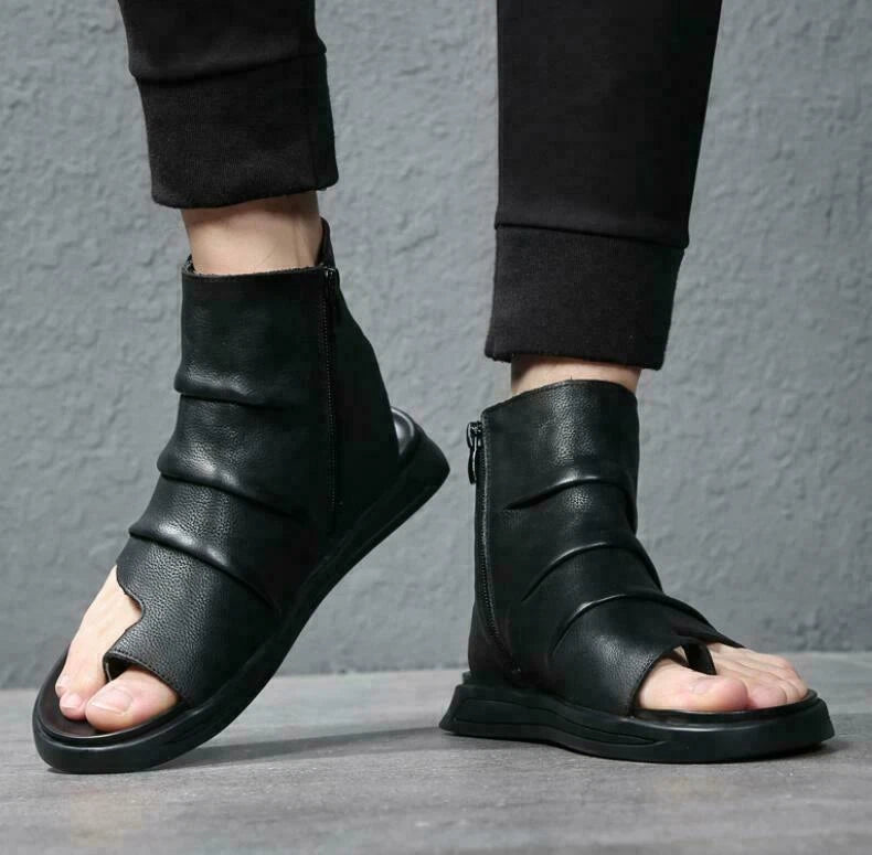 Men's Fashion Summer Roman Walking Leather Side Zip Flat Slippers Sandals Shoes