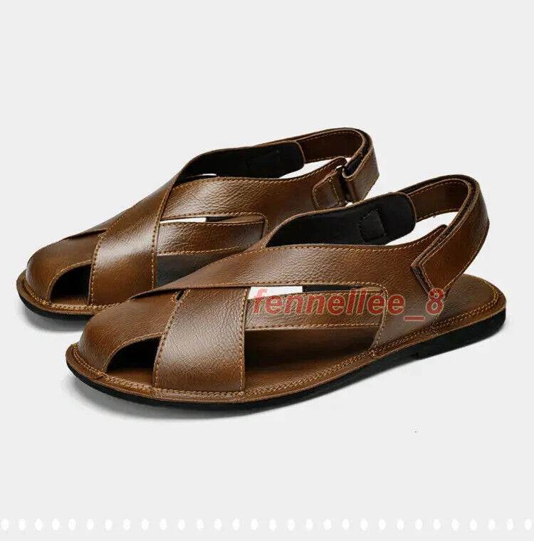 Summer Men's Hollow Out Sandals Leather Beach Shoes Non-slip Outdoor Slippers