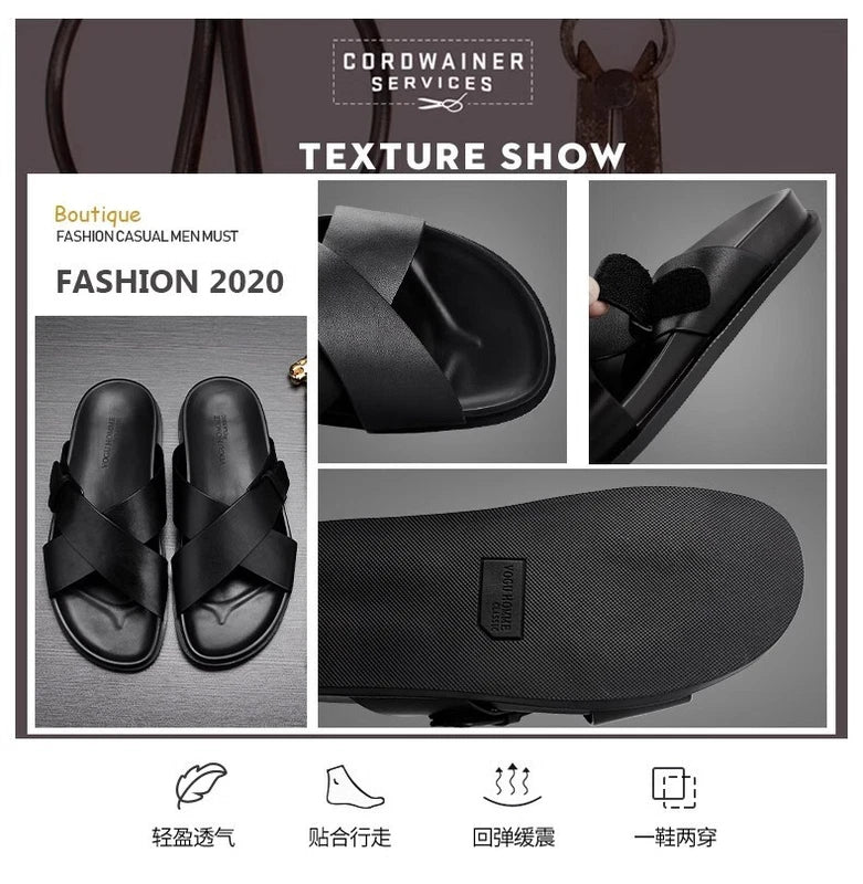 Men Cowhide Casual Slipper Summer Outdoor Breathable Genuine Leather Beach Shoes