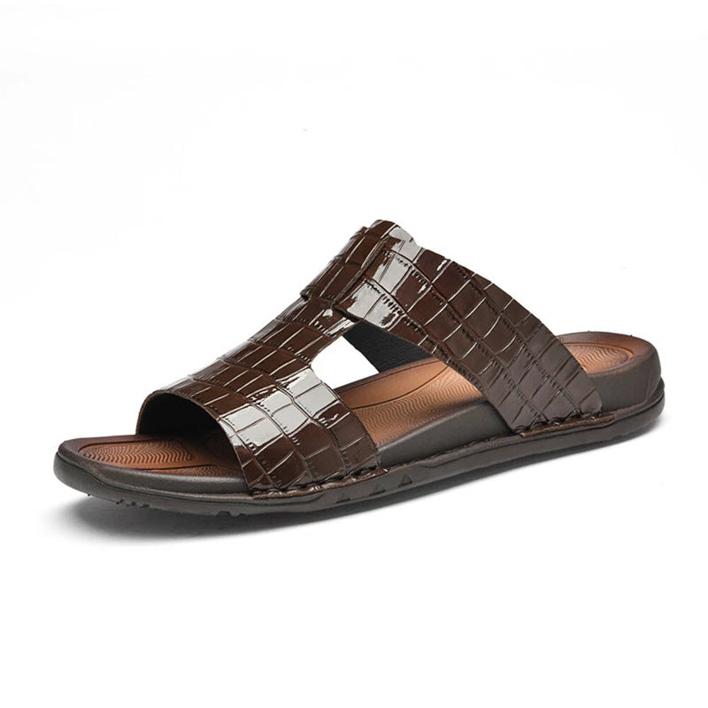 Men's Print Leather Flat Slides Sandals Outdoor Slip On Casual Flats Slippers