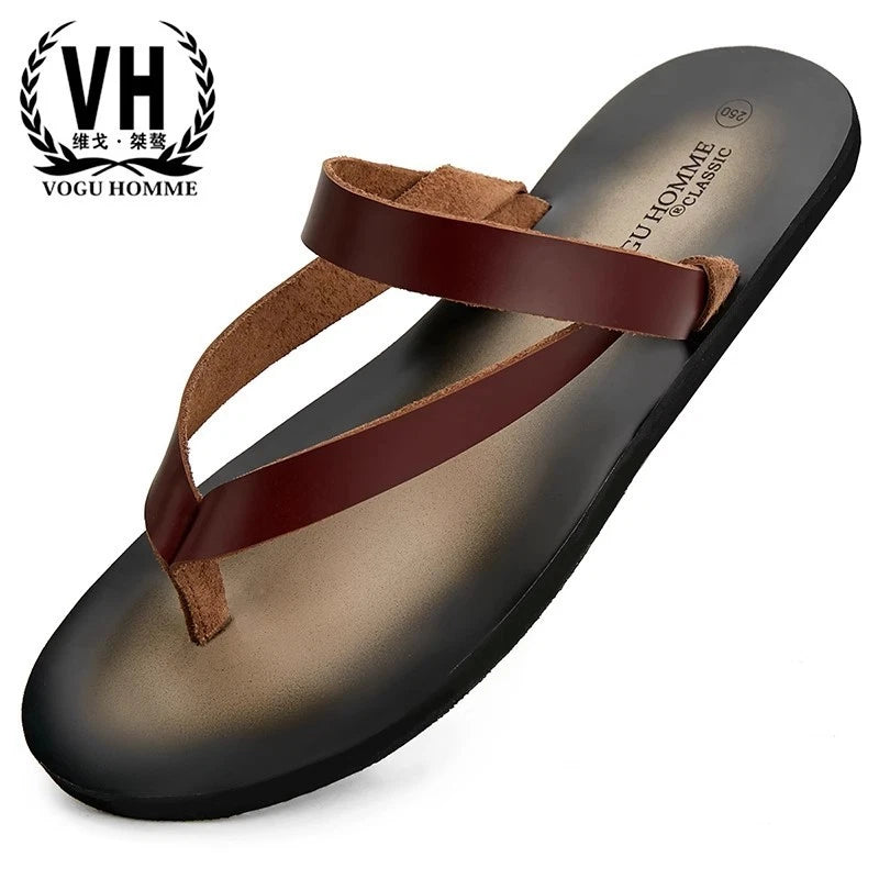 Men's Cowhide Slippers Casual Leather Flip Flops Breathable Slip on Beach Shoes