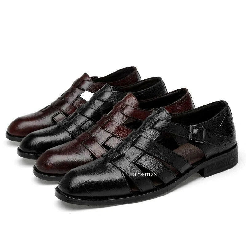 Mens Dress Formal Sandals Shoes Hollow Cut Out Buckle Leather Flats Roman Shoes