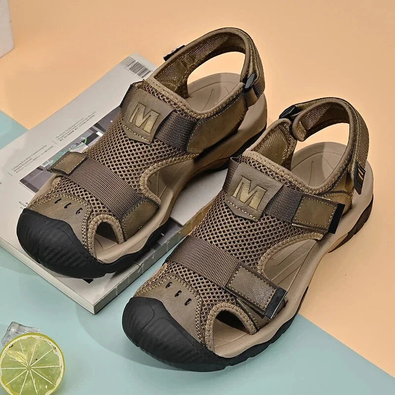 Fashion Casual Men Shoes Genuine Leather Mesh Beach Sandals Breathable Slippers