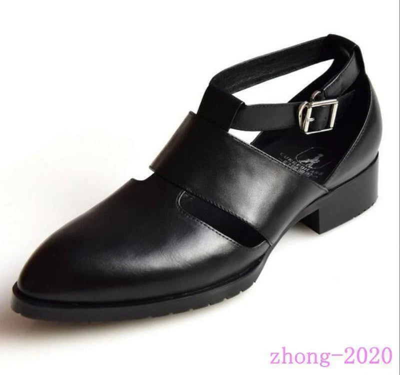 2025 Men's Pointed Toe Leather Sandals Summer Hollow Out Work Casual Dress Shoes
