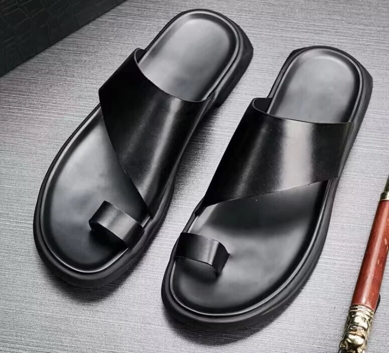 Chic Mens Leather Summer Slides Clip Ring Toe Beach Thong Casual Sandals Slipper