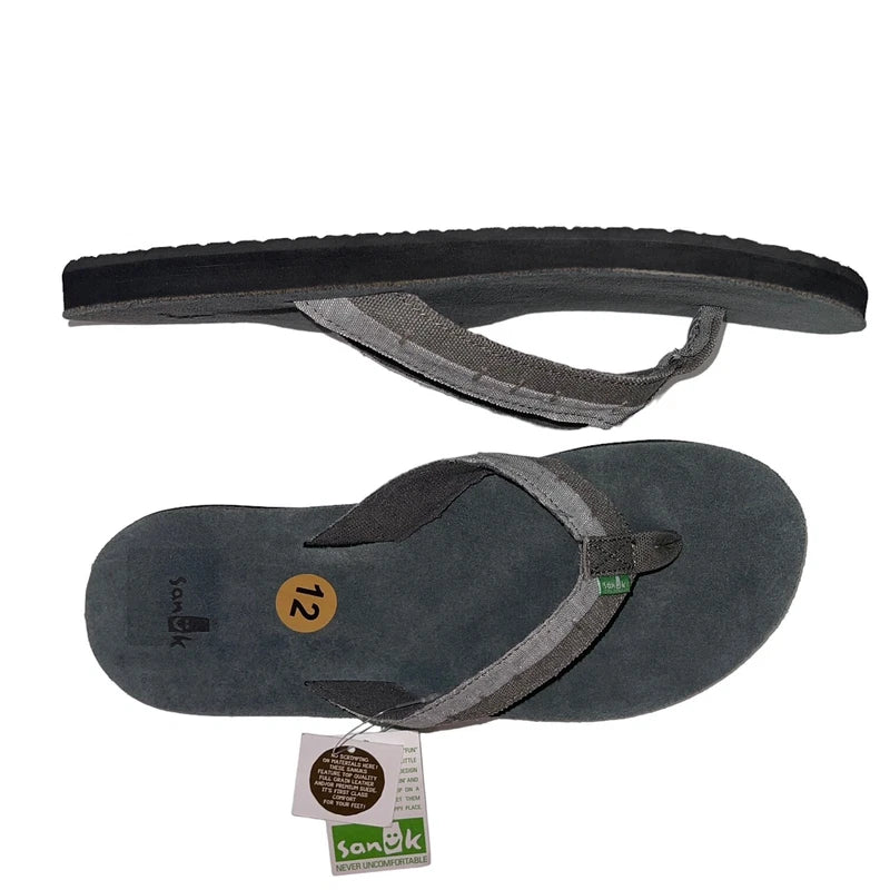 Sanuk Flip Flops Mens Gray Suede Leather Comfort Canvas Sandals Slippers Dr Fray