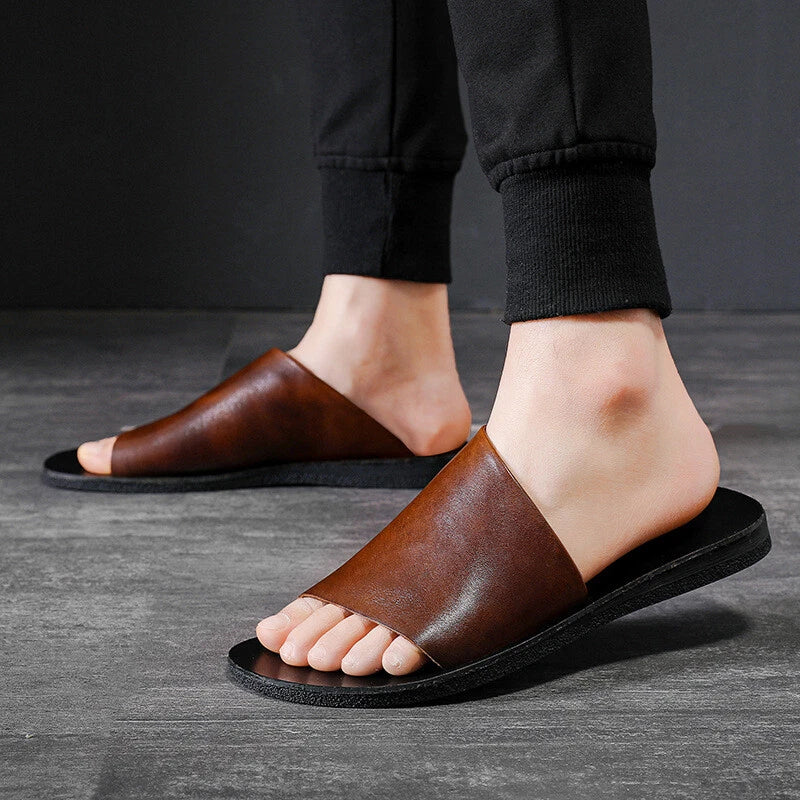 Men's Flat Faux Leather Open-toe Outdoor Beach Casual Slip on Slippers