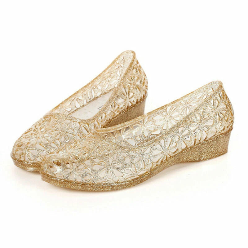 Womens Summer Jelly Sandals Hollow Out Shoes Glitter Crystal Mesh Slippers Size