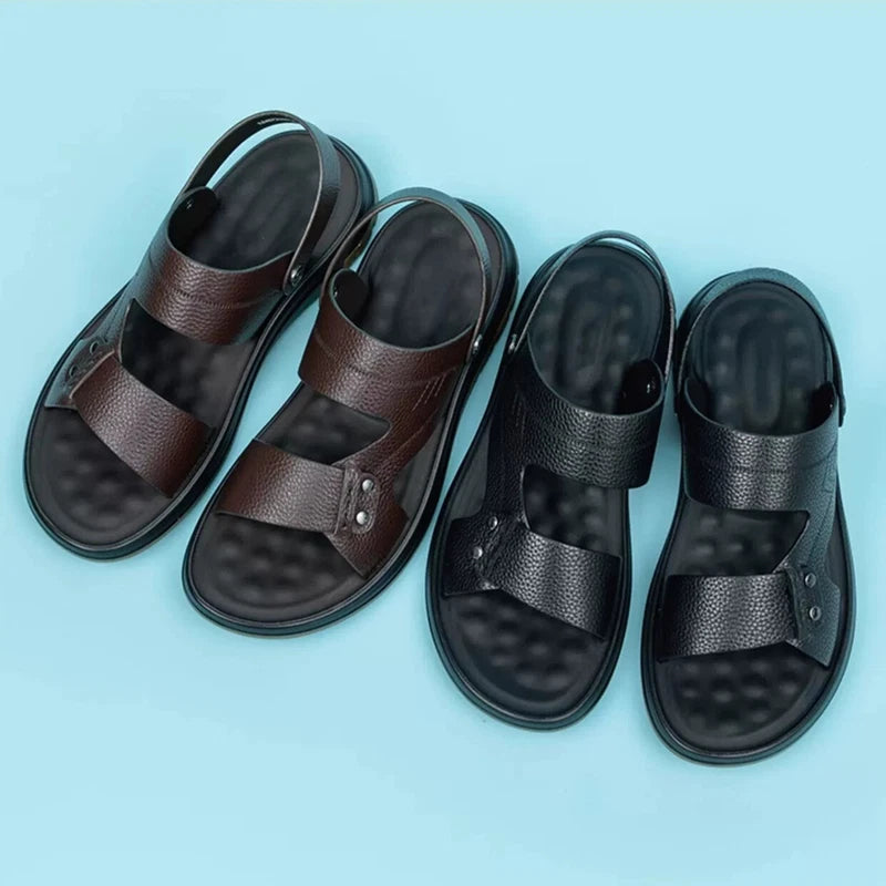Open Toe Summer Slipper Sandals Beach Real Leather Mens Shoes Roman Style Casual