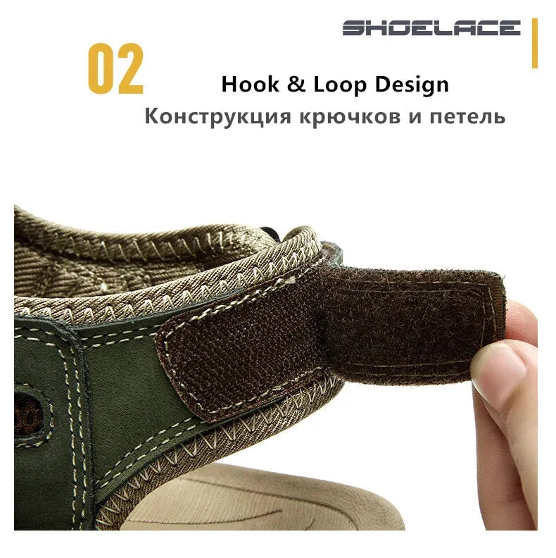 Men's Soft Leather Sandals Summer Lack Up Shoes Outdoor Comfort Beach Slippers