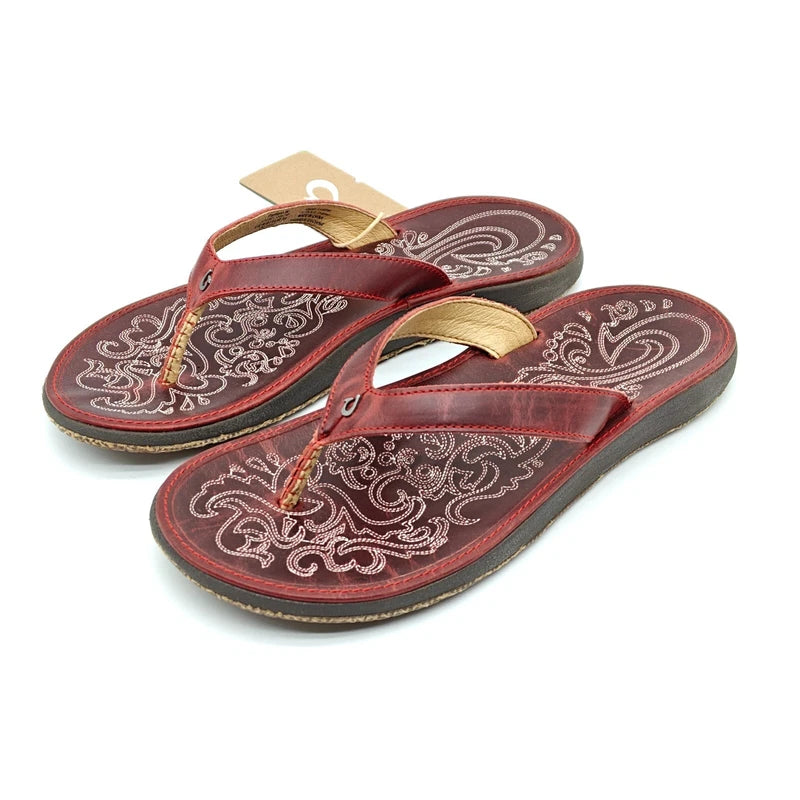 Olukai Womens 7/8/9 Paniolo Flip Flop Thong Red Leather Sandals 20129
