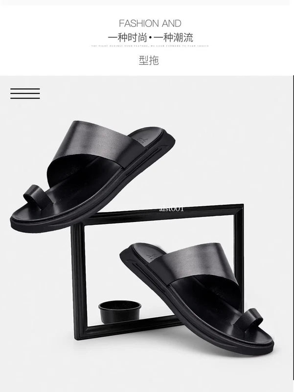 Mens Summer Leather Flip Flops Clipped Toe Korean Non Slip Beach Casual Slippers