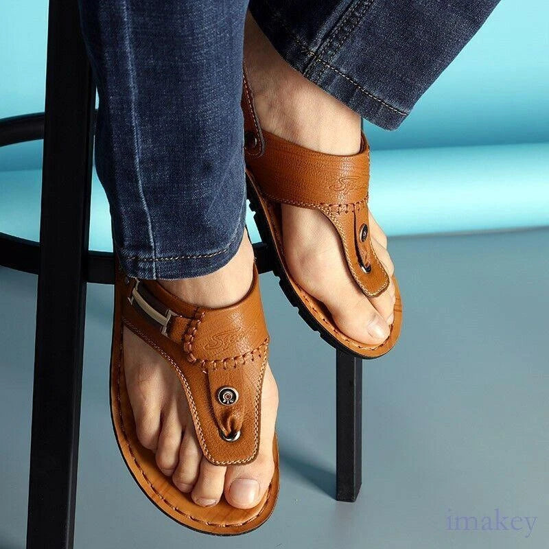 Men's Leather Clip Toe Thong Sandals Slipper Summer Beach Casual Shoes