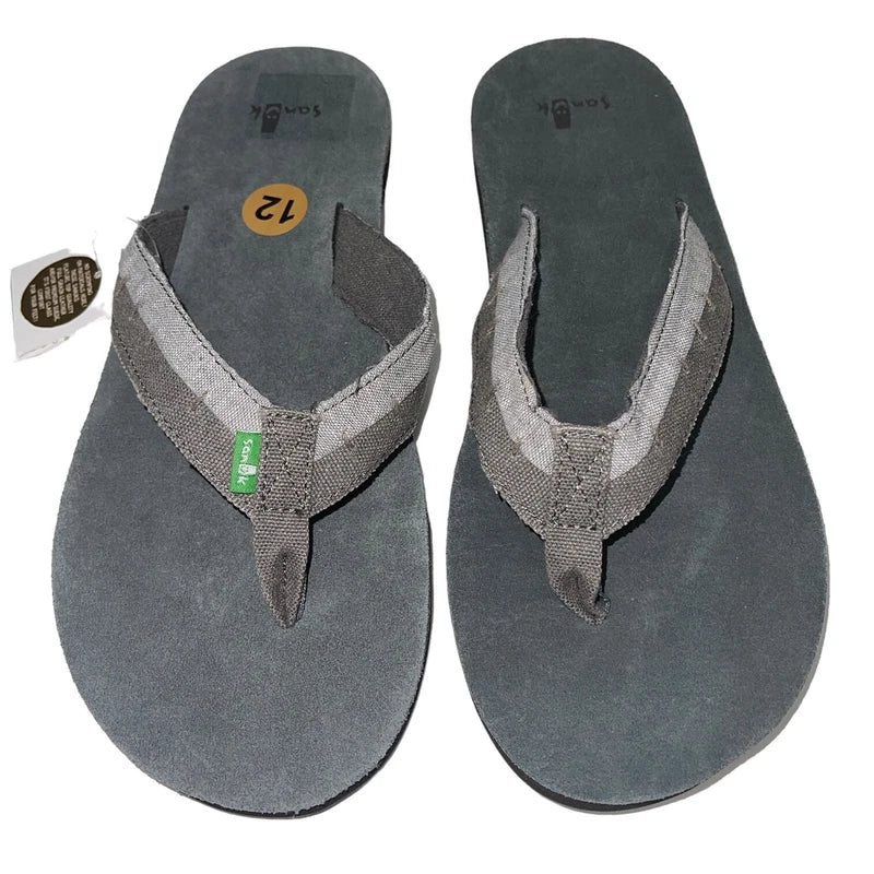 Sanuk Flip Flops Mens Gray Suede Leather Comfort Canvas Sandals Slippers Dr Fray