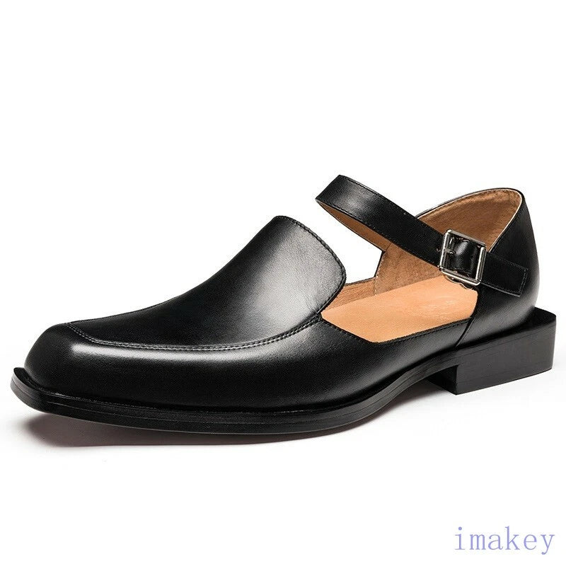Men's Closed Toe Buckle Square Toe Breathable Leather Roman Sandals Casual Shoes